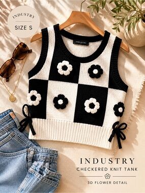 Industry Checkered Floral Knit Sweater Vest Size S Retro Mod Cottagecore Coastal